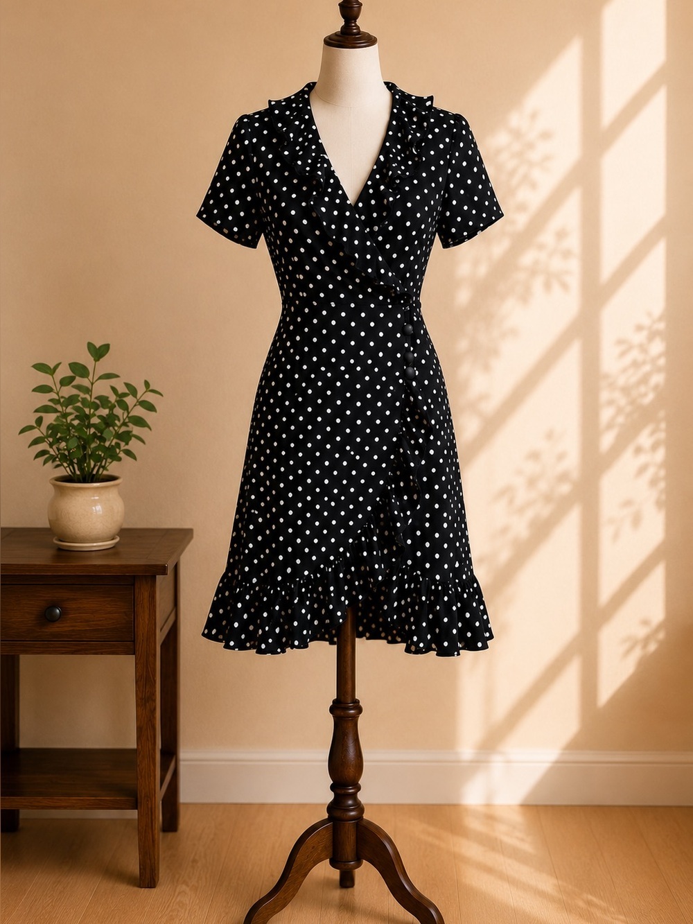 Pink Martini Black White Polka Dot Wrap Dress Ruffle Hem XS French girl